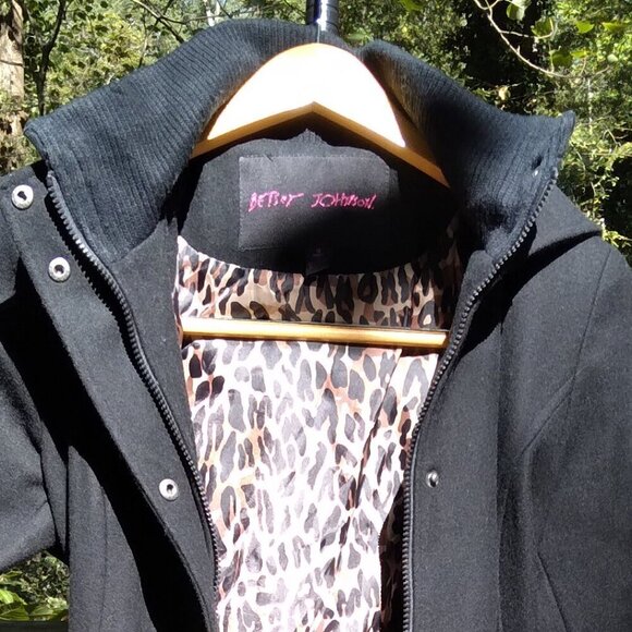 Black Skater HiLo Wool Blend High Neck Detachable Hood Leopard Lined Coat Sz4 - Picture 10 of 13